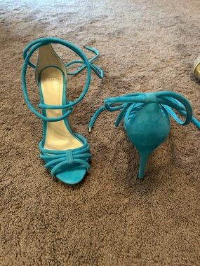 Alexander Birman Turquoise Lace-Up Suede Stiletto Sandals